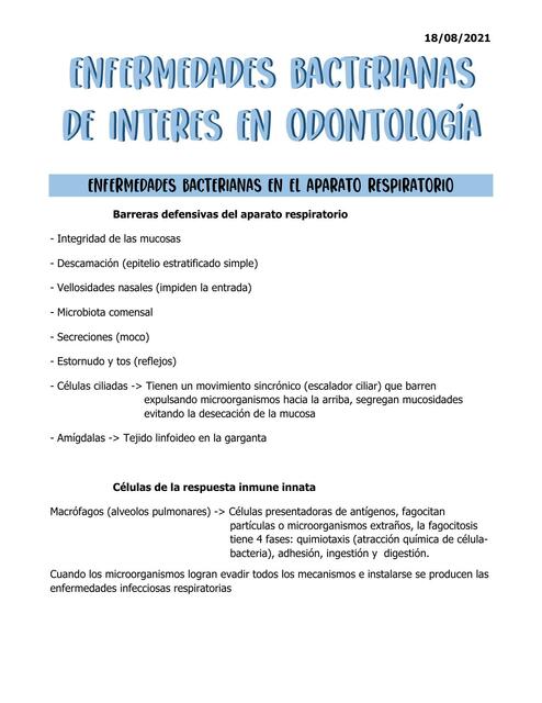 Enfermedades bacterianas de interés en odontología