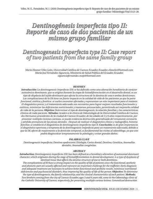 Resumen Dentinogénesis Imperfecta Tipo II: Reporte de Caso de Dos Pacientes de un Mismo Grupo Familiar 