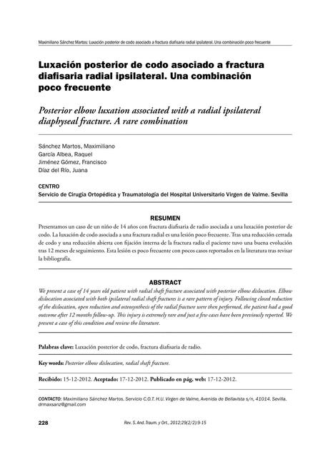 Luxación Posterior de Codo Asociado a Fractura Diafisaria Radial Ipsilateral. Una Combinación Poco Frecuente 