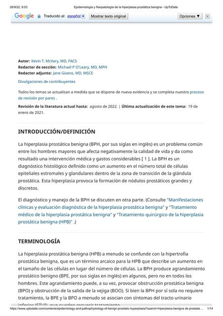 Epidemiología y Fisiopatología de la Hiperplasia Prostática Benigna