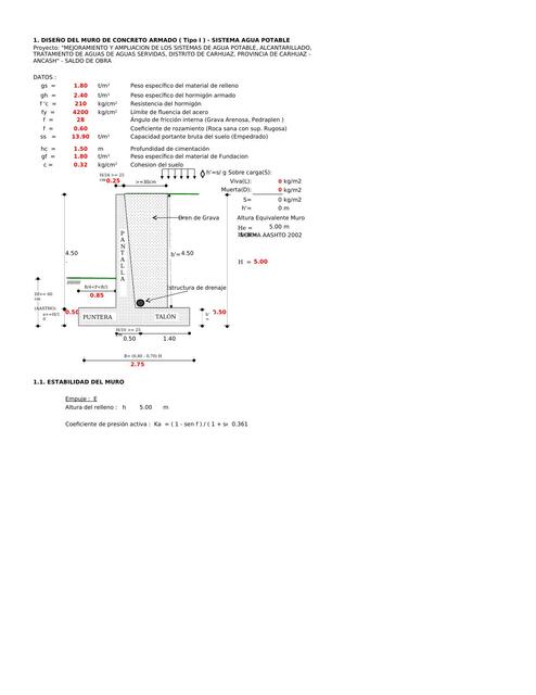 Diseño de Muro de Contención Agua Potable