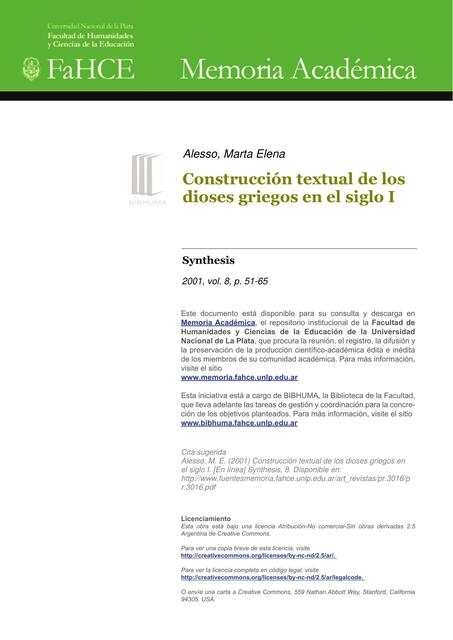 Construcción textual de los dioses griegos en el siglo I