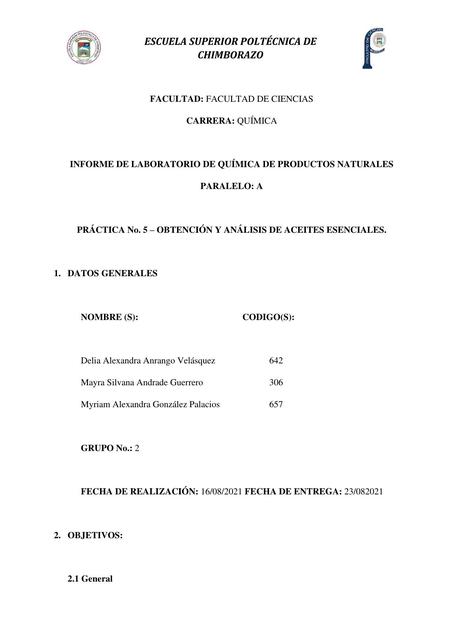 PRACTICA N5 Obtención y análisis de aceites esenciales