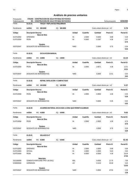 Costos unitarios saneamiento