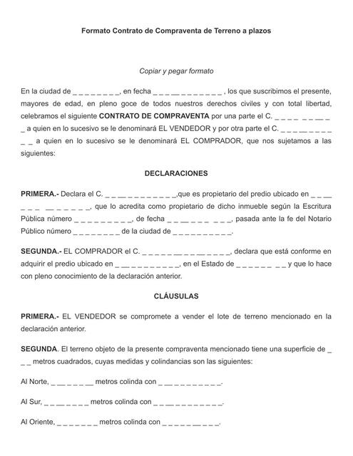 Contrato de Compra Venta de Terreno Formato para Rellenar | uDocz