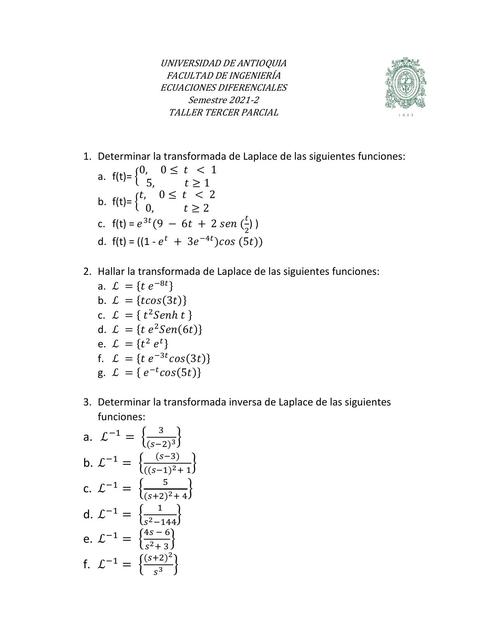 Taller transformada de Laplace