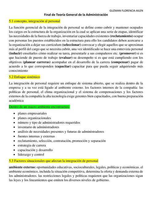 Unidad Cinco- Concepto, Integración al Personal 