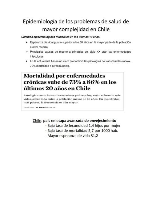 Epidemiología de los Problemas de Salud de Mayor Complejidad en Chile