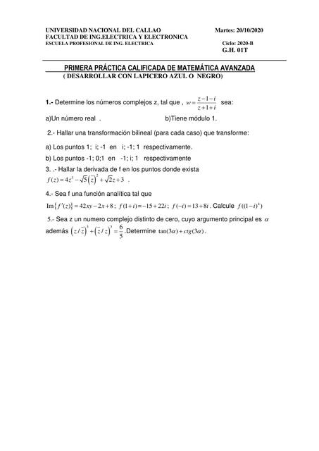 Primera Práctica Calificada de Matemática Avanzada 