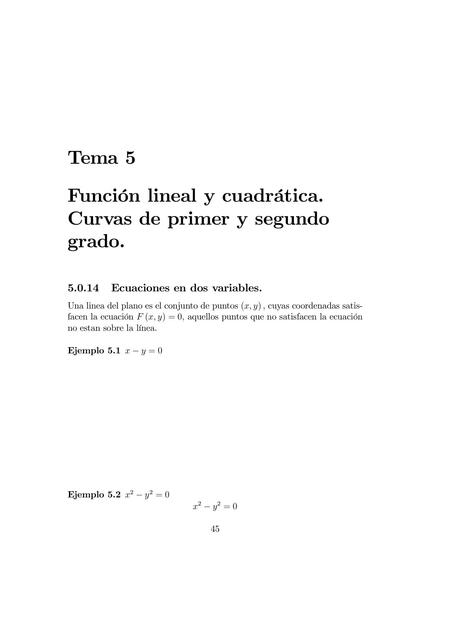 Función Lineal y Cuadrática. Curvas de Primer y Segundo Grado