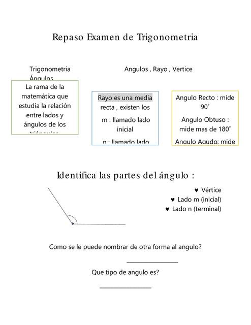 Examen de Trigonometría  (Ángulos)