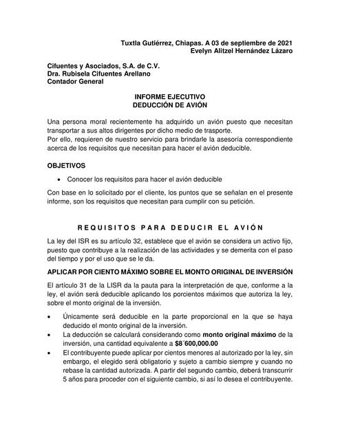 INFORME EJECUTIVO DE LA DEDUCCIÓN DEL AVIÓN