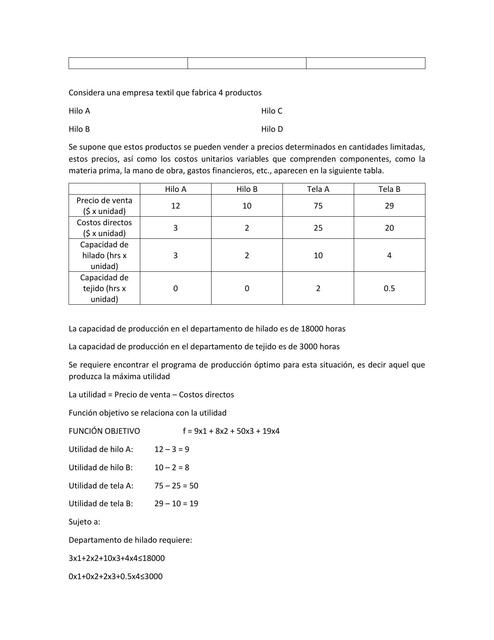 Considera una empresa textil que fabrica 4 productos