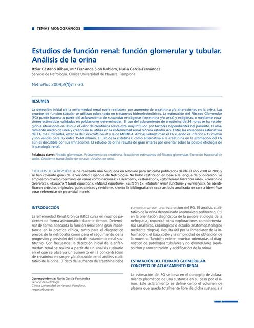 Estudios de Función Renal: Función Glomerular y Tubular. Análisis de la Orina