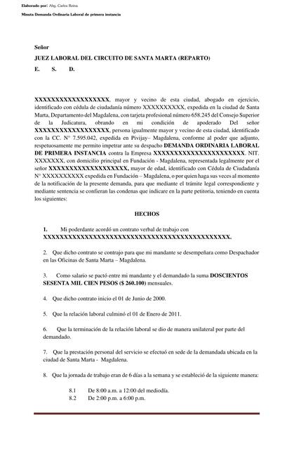 MINUTA DEMANDA ORDINARIA LABORAL DE PRIMERA INSTANCIA | uDocz