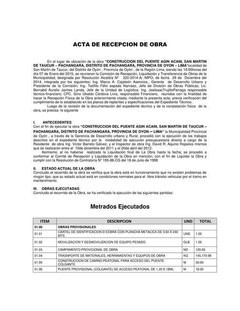 Acta de recepción de obra puente