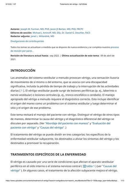 Tratamiento del vértigo UpToDate