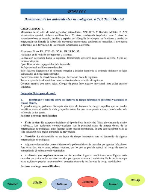 Anamnesis de los antecedentes neurológicos y Test Mini Mental