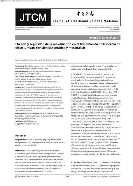 Eficacia y Seguridad de la Moxibustión en el Tratamiento de la Hernia de Disco Lumbar: Revisión Sistemática y Metanálisis