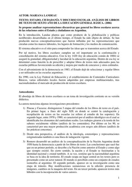 Landeau. Estado, ciudadanía y discurso escolar. Análisis de libros de texto de sexto año de la educación general básica. (2006)