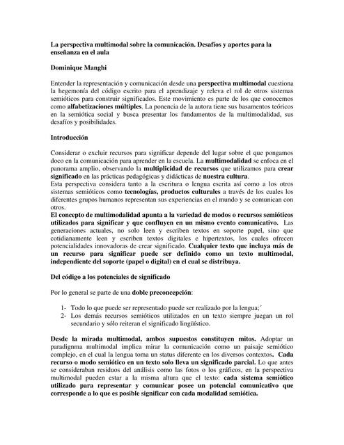 Manghi: La perspectiva multimodal sobre la comunicación. Desafíos y aportes para la enseñanza en el aula