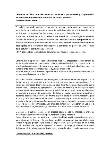 “El Acceso a la cultura escrita: la participación social y la apropiación de conocimientos en eventos cotidianos de lectura y escritura.”