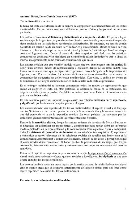 Kress, Leite-García Leeuwwen (1997) Texto: Semiótica discursiva