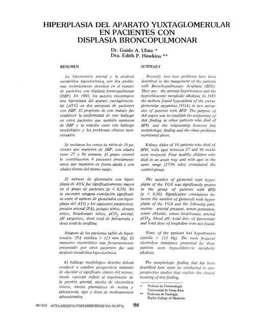 Hiperplasia del Sistema Yuxtaglomerular en Pacientes con Displasia Broncopulmonar