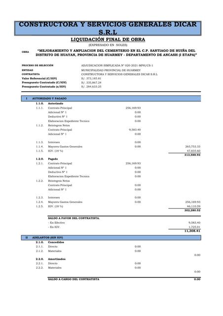 Liquidación final del contrato de obra