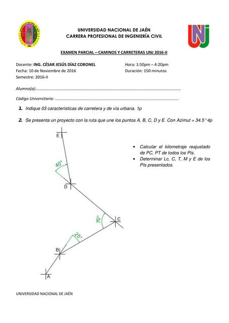 Examen parcial. Caminos y carreteras