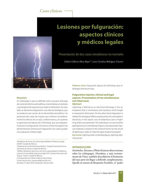 Lesiones por Fulguración: Aspectos Clínicos y Médicos Legales