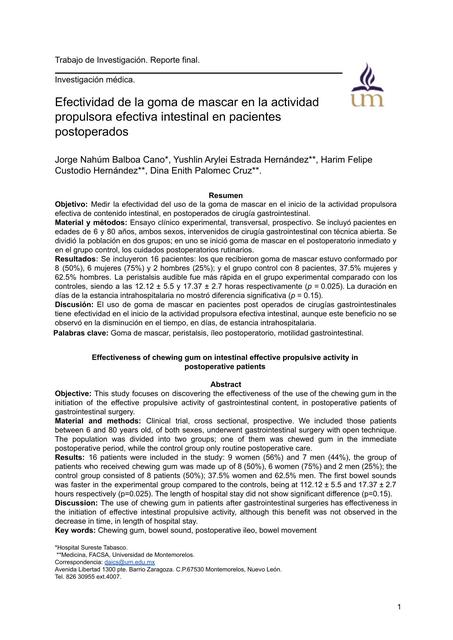 Efectividad de la goma de mascar en la actividad propulsora efectiva intestinal en pacientes postoperados