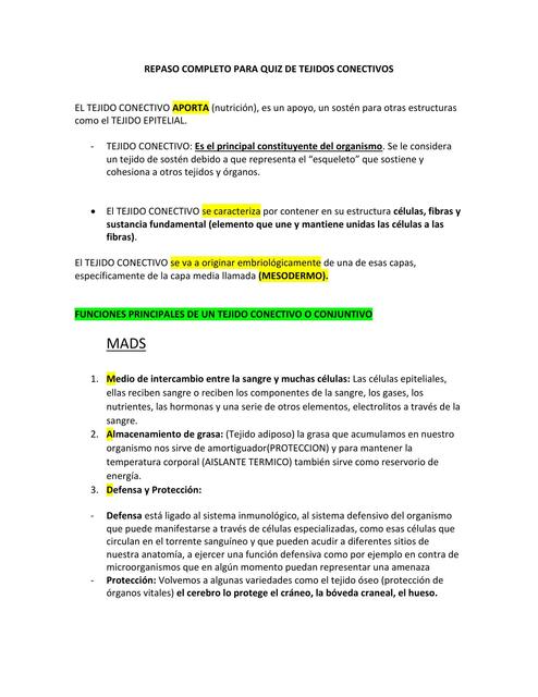 Repaso completo para quiz de tejidos conectivos