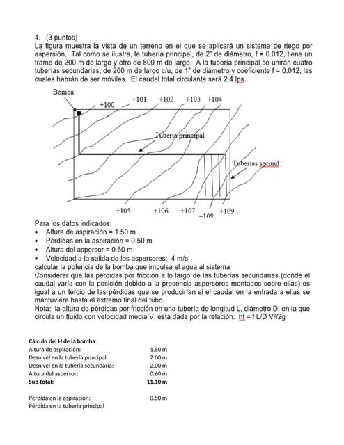 Cálculo de potencia de bomba en sistema de riego.