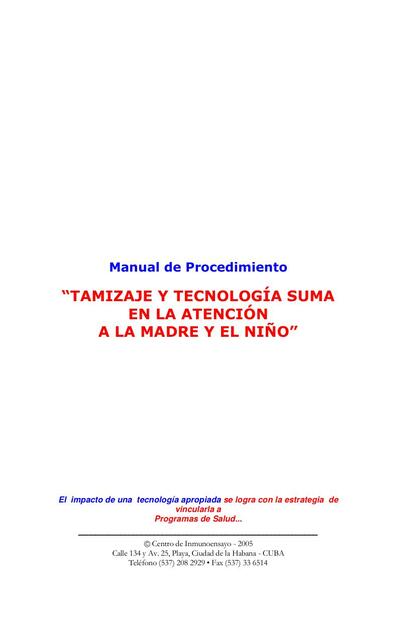 Manual de procedimiento: Tamizaje y tecnología suma en la atención a la madre y el niño