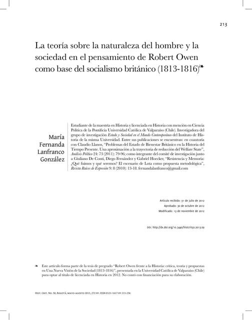 La Teoría sobre la Naturaleza del Hombre y la Sociedad en el Pensamiento de Robert Owen como Base del Socialismo Británico 