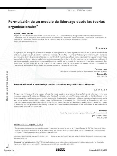 Formulación de un Modelo de Liderazgo desde las Teorías Organizacionales