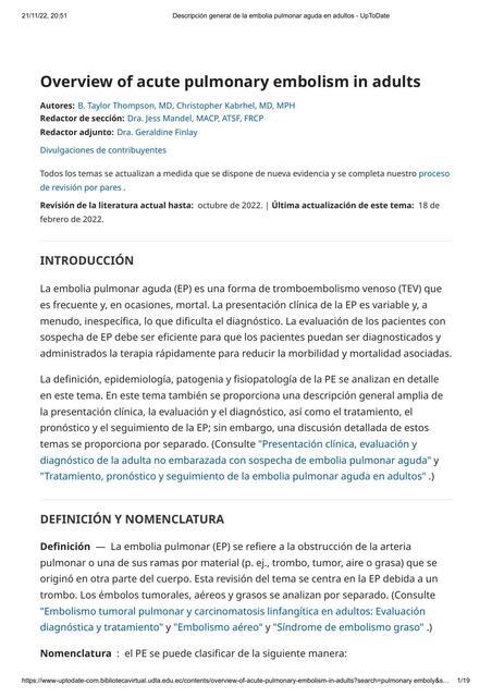 Descripción general de la embolia pulmonar aguda 