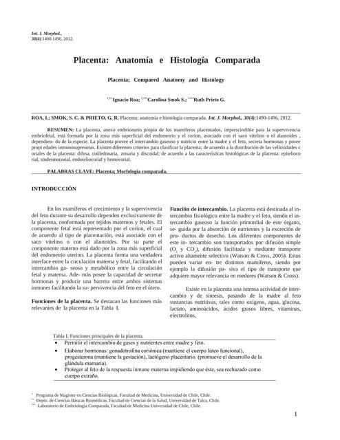 Placenta: Anatomía e Histología Comparada