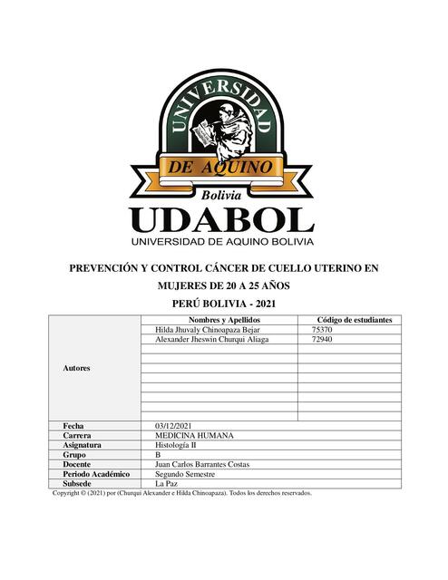PREVENCIÓN Y CONTROL CÁNCER DE CUELLO UTERINO EN MUJERES DE 20 A 25 AÑOS