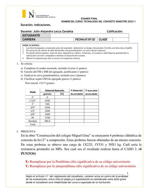 Examen final Tecnología del Concreto 2022-1