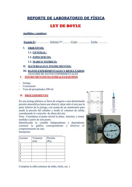 REPORTE DE LABORATORIO DE FÍSICA LEY DE BOYLE