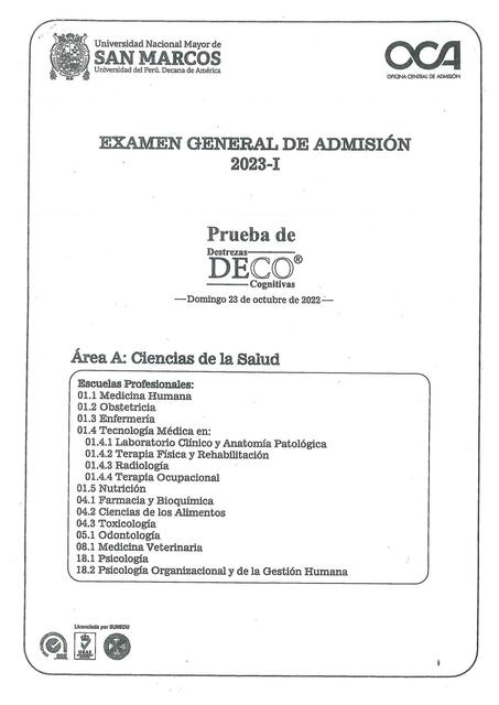 Examen General De Admisión Medicina Milagros Greis Sobero Reyna Udocz