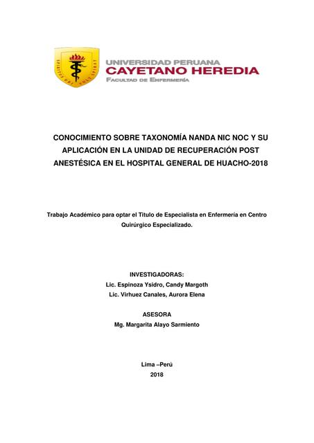 Conocimiento sobre taxonomía nanda nic noc y su aplicación en la unidad de recuperación post anestésica en el hospital general de huacho-2018