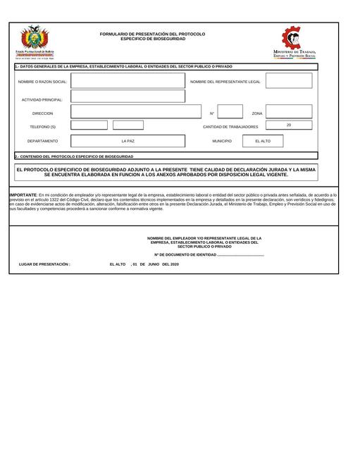 Formulario de protocolo de Bioseguridad