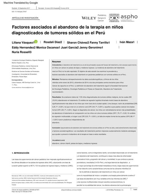 Factores Asociados al Abandono de la Terapia en Niños Diagnosticados de Tumores Sólidos en el Perú