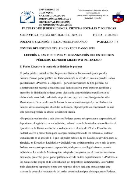 Las Funciones y Organización de los Poderes Públicos. El Poder Ejecutivo del Estado 