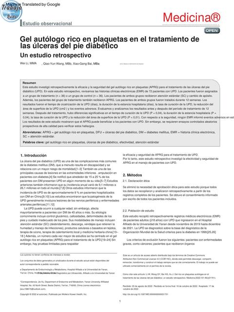 Gel Aut Logo Rico En Plaquetas En El Tratamiento De Las Lceras Del Pie Diab Tico David Mamani