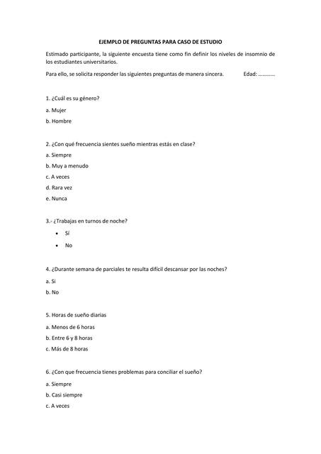 Ejemplo de Encuesta Preguntas para caso de estudio