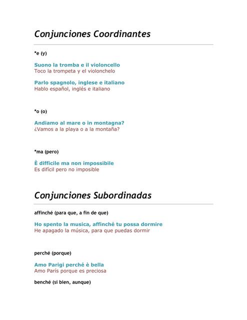 Italian Conjunctions Examples Conjunciones Italianas | Enfermería | uDocz